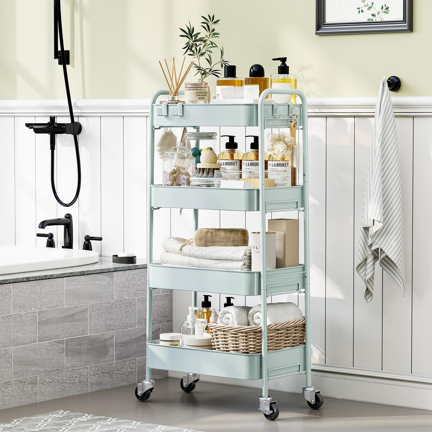 TOOLF 4-Tier Rolling Cart - Metal Storage Organizer with Lockable Wheels, 44 lbs Per Shelf Capacity, Tool-Free Assembly, for Kitchen Bathroom Office Laundry Room Nursery, Green
