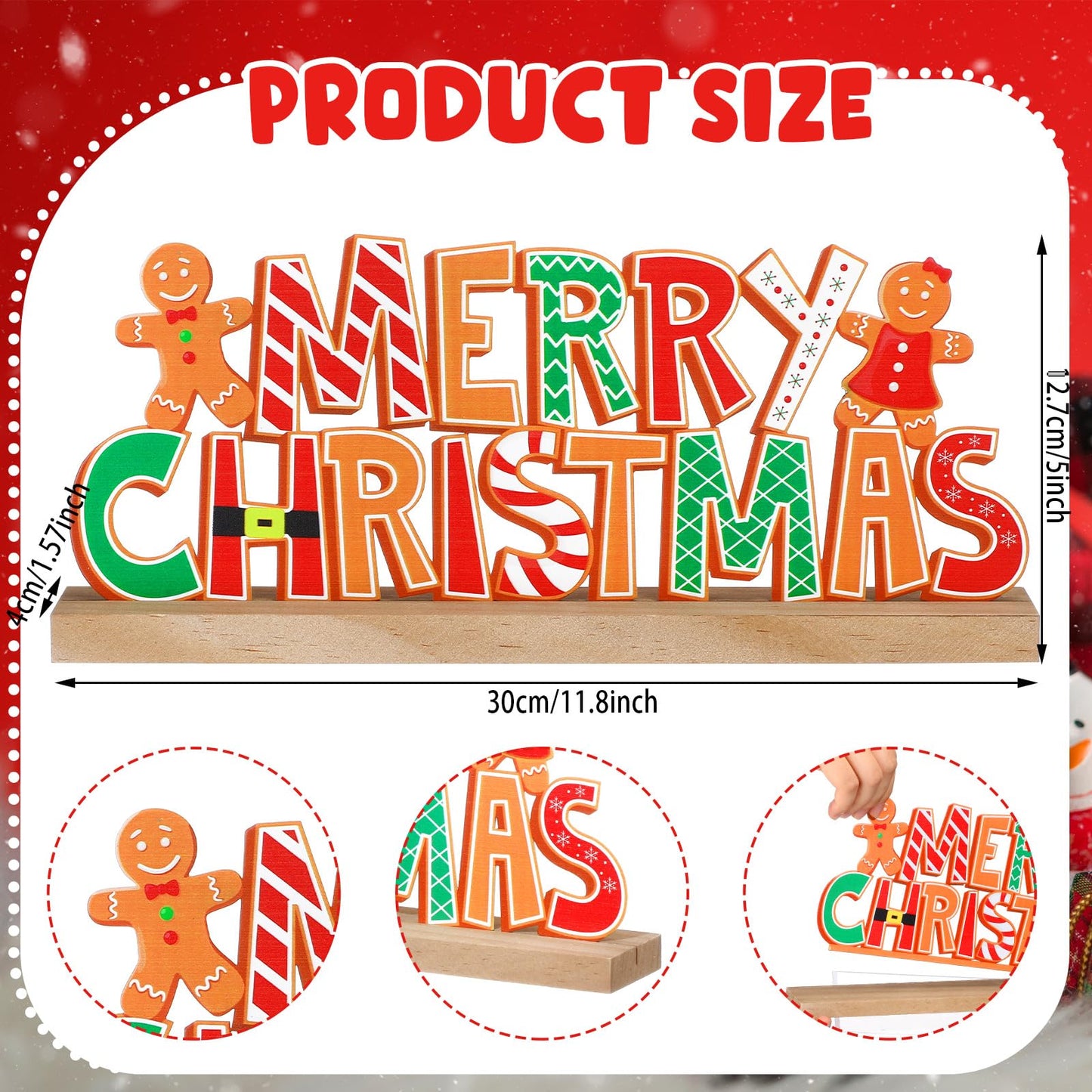 Realspring Gingerbread Man Metal Sign Gingerbread Christmas Table Decoration Xmas Tiered Tray Decor Freestanding Metal Word Sign with Wooden Base for Xmas Home Tabletop Centerpiece Mantel Fireplace