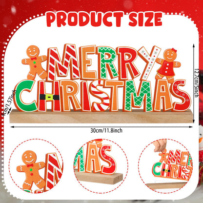 Realspring Gingerbread Man Metal Sign Gingerbread Christmas Table Decoration Xmas Tiered Tray Decor Freestanding Metal Word Sign with Wooden Base for Xmas Home Tabletop Centerpiece Mantel Fireplace