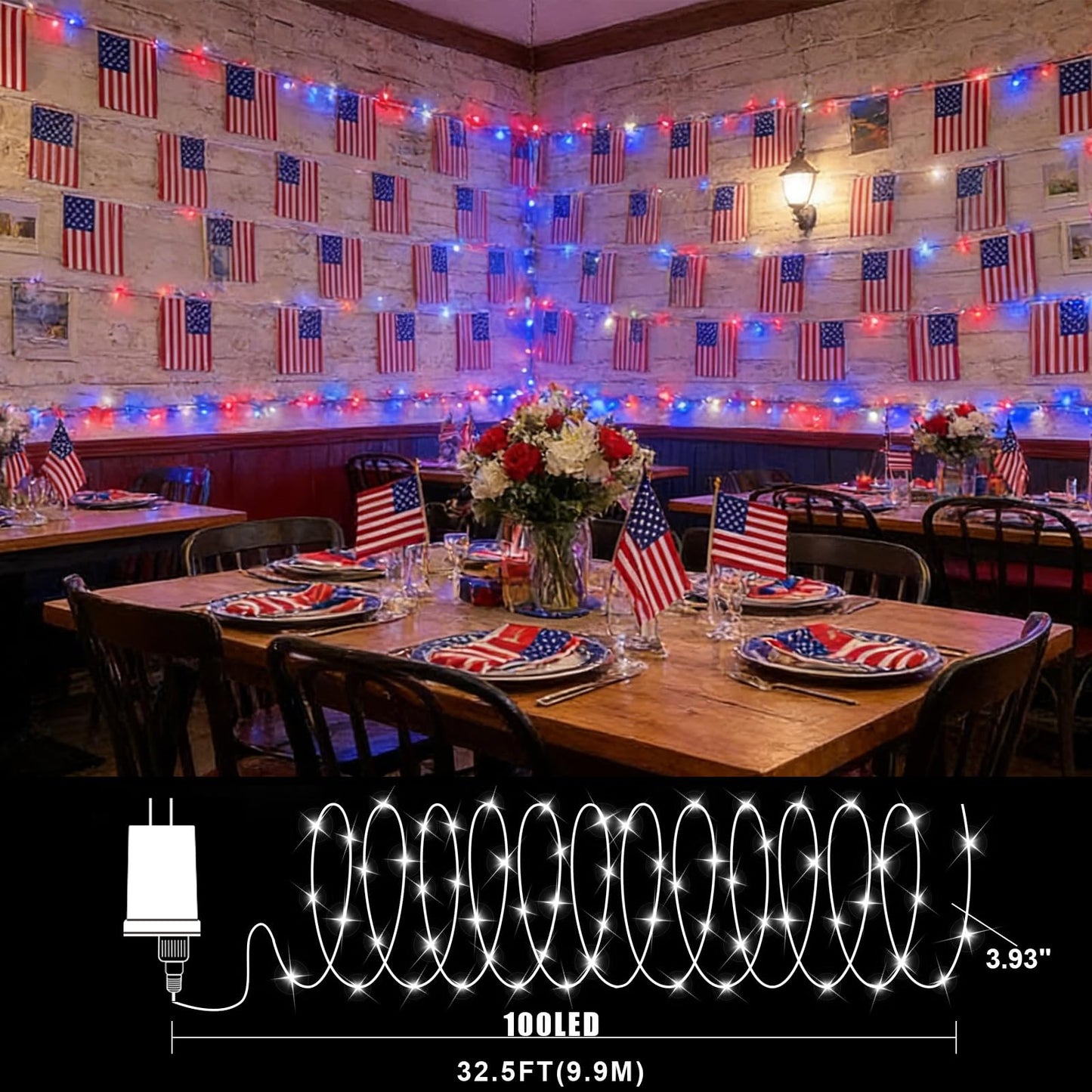 TWINGLEHOME 100 LED String Lights 33FT (10M) with Copper Wire, Multifunctional Modes Lighting (Red, White, Blue) for Nation Day