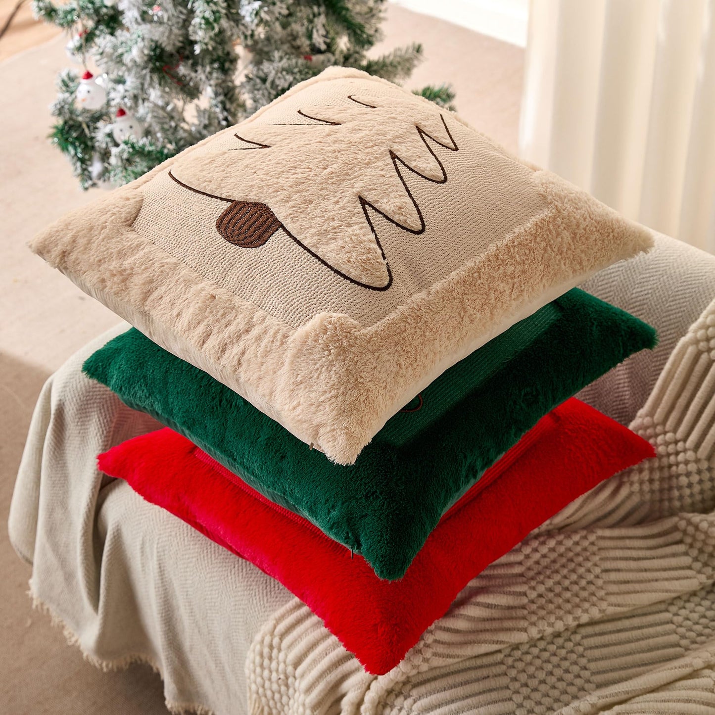 DFXSZ Christmas Pillow Covers 18x18 Beige Big Christmas Tree Decoration Soft Plush Faux Fur Jacquard Throw Pillows for Bedroom Sofa Holiday Festivals Winter Home Decor PTK068C18