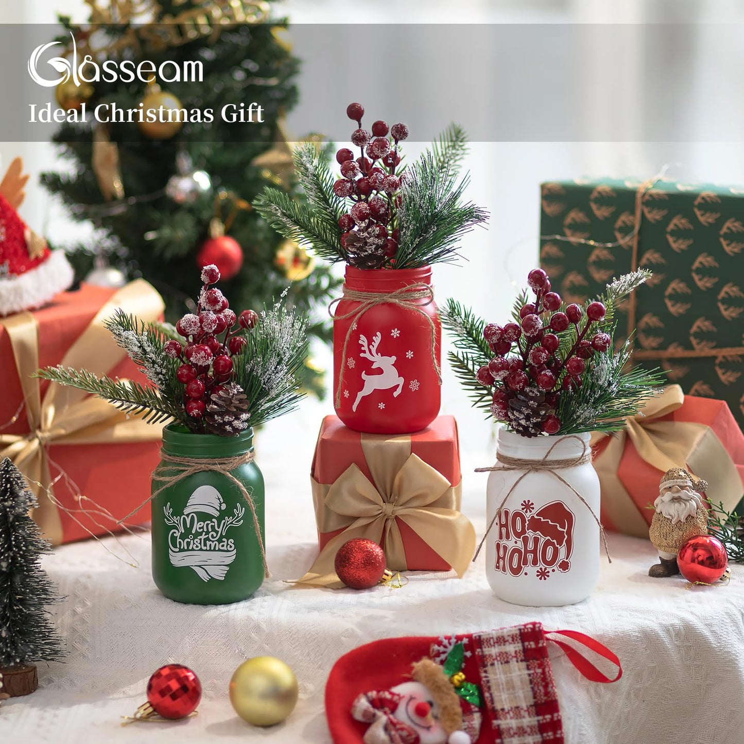 Glasseam Christmas Vases for Table Centerpiece: 3pcs Christmas Decorations Mason Jar with Artificial Flowers - Glass Flower Vases Set for Indoor Fireplace Mantle Home Decor
