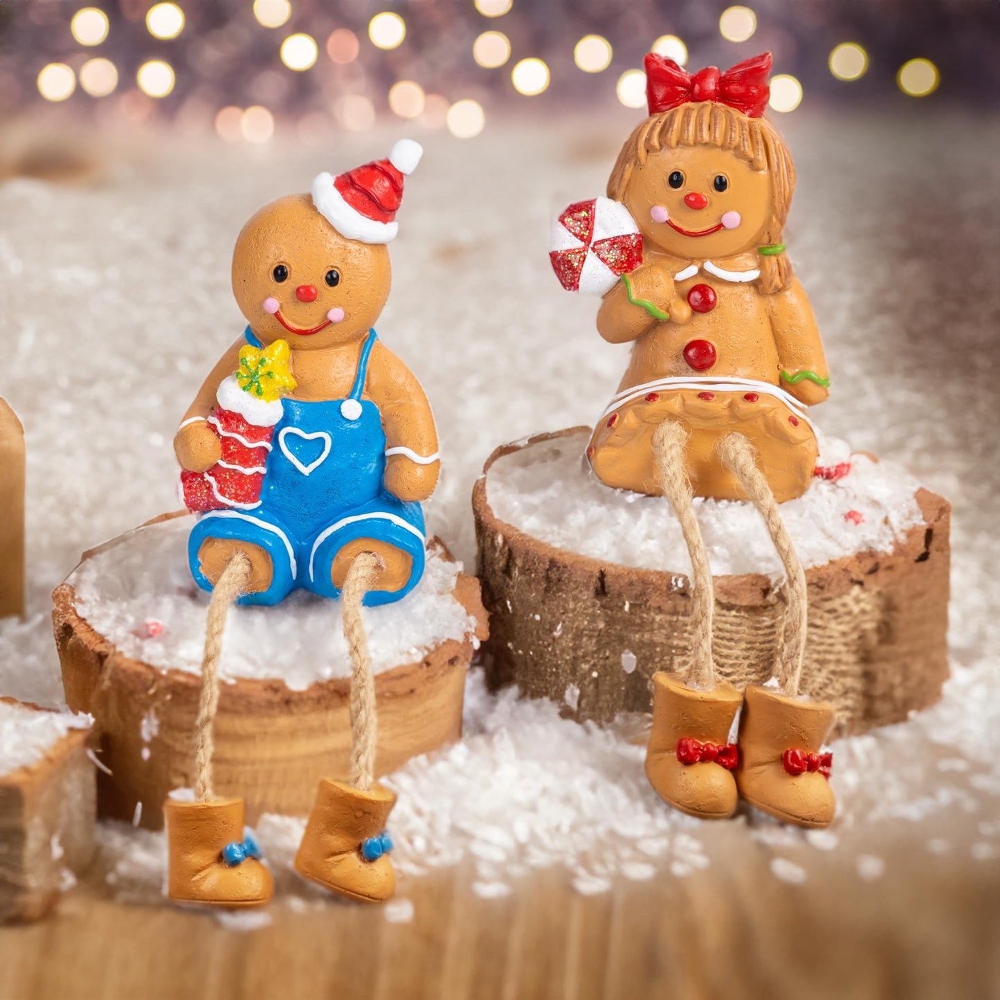 Dazzle Bright Christmas Figurines, Set of 2 Resin Gingerbread Man Sitters with Dangling Legs, Xmas Table Fireplace Shelf Sitters Decorations Sitting Figurines Ornament for Indoor Home Decor