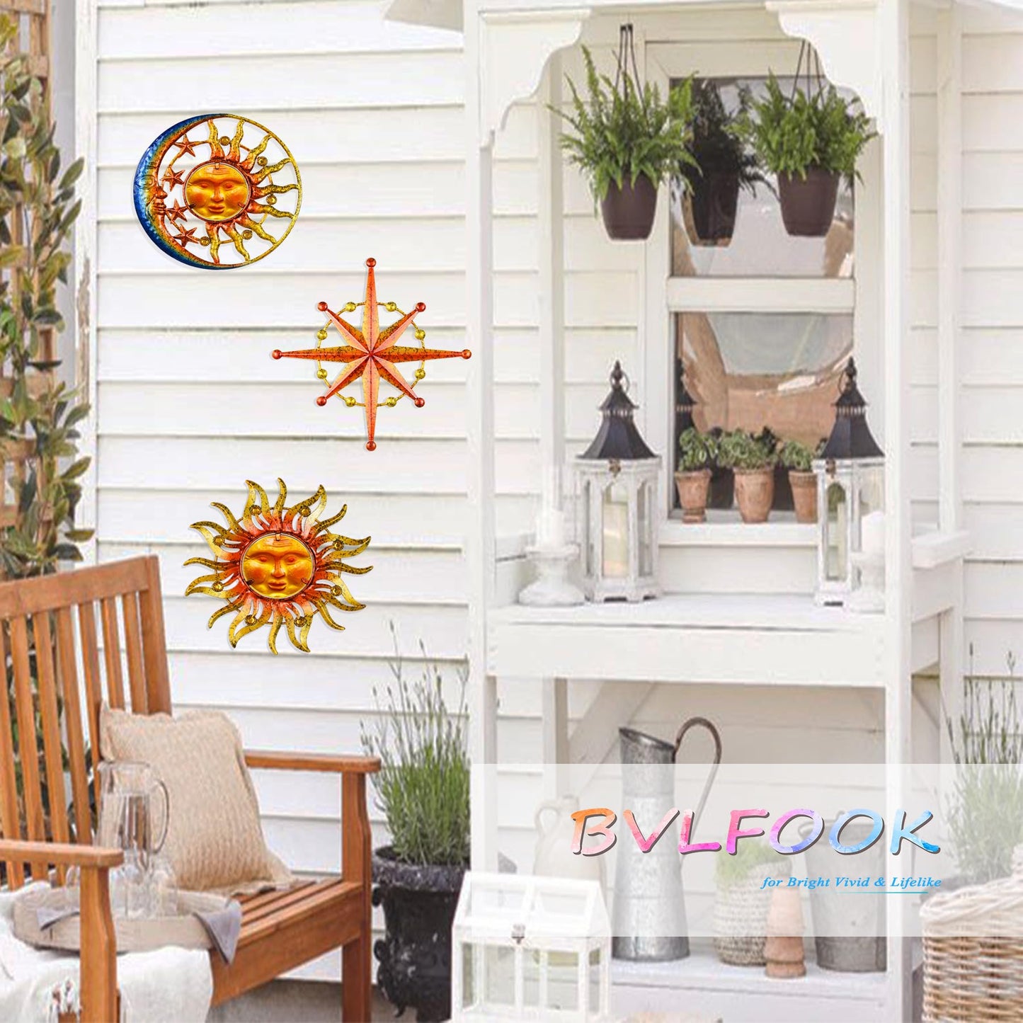 Sun Moon Star Metal Wall Art, Glass Sun Face Retro Hanging Weird Decor