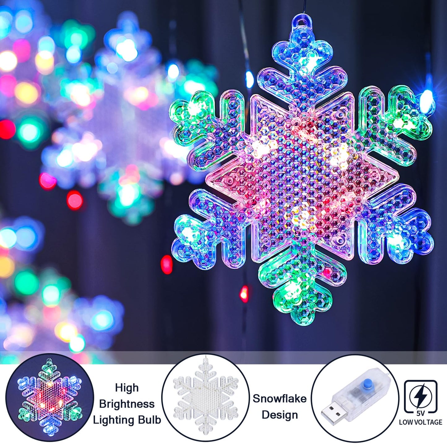 BLOOMWIN Christmas Window Lights Indoor - 2M 160 LED Christmas Window Decorations, Snowflake Curtain Hanging Fairy String Icicle Lights for Xmas Noel Bedroom Holiday Home Outdoor, RGB USB