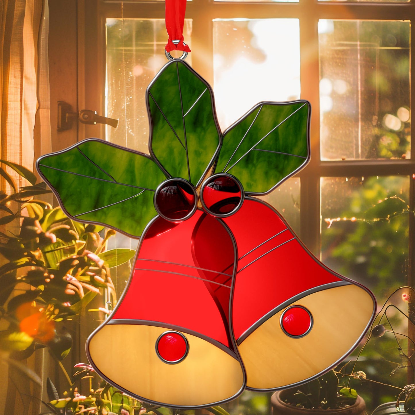 KUNDGLA New Stained Glass Sun Catcher for Windows Hangings Personalized Ornament Metal Decorative Gifts for Mom Grandma Friend Teacher Birthday Christmas Tree Holiday Hanging Decor Gift Box (Red Bell)