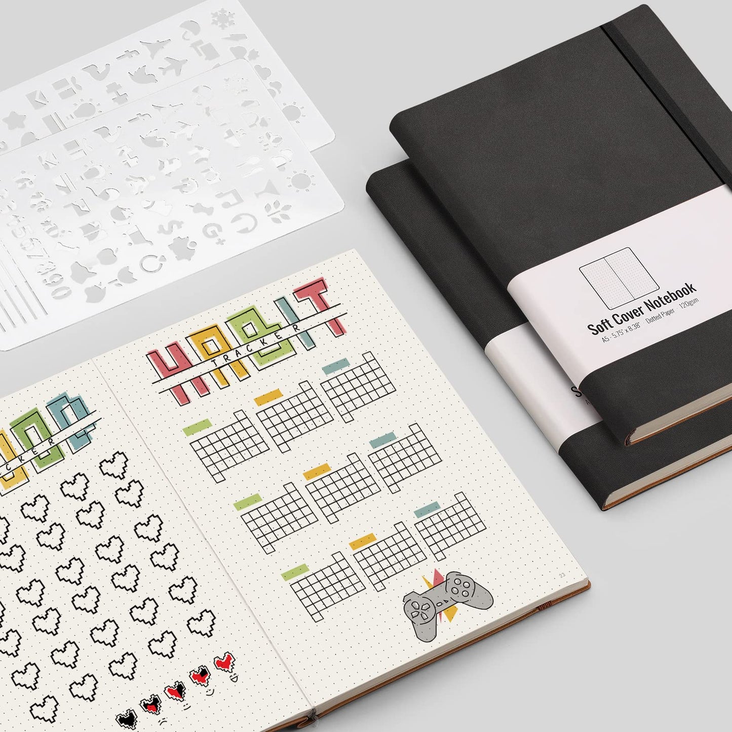 AHGXG Dotted Grid Journal 2 Pack - A5 Dot Grid Notebook Softcover, Medium 5.75'' × 8.38'', 320 Numbered Pages, 120gsm Thick Dotted Paper, Soft Leather Cover, Black Black