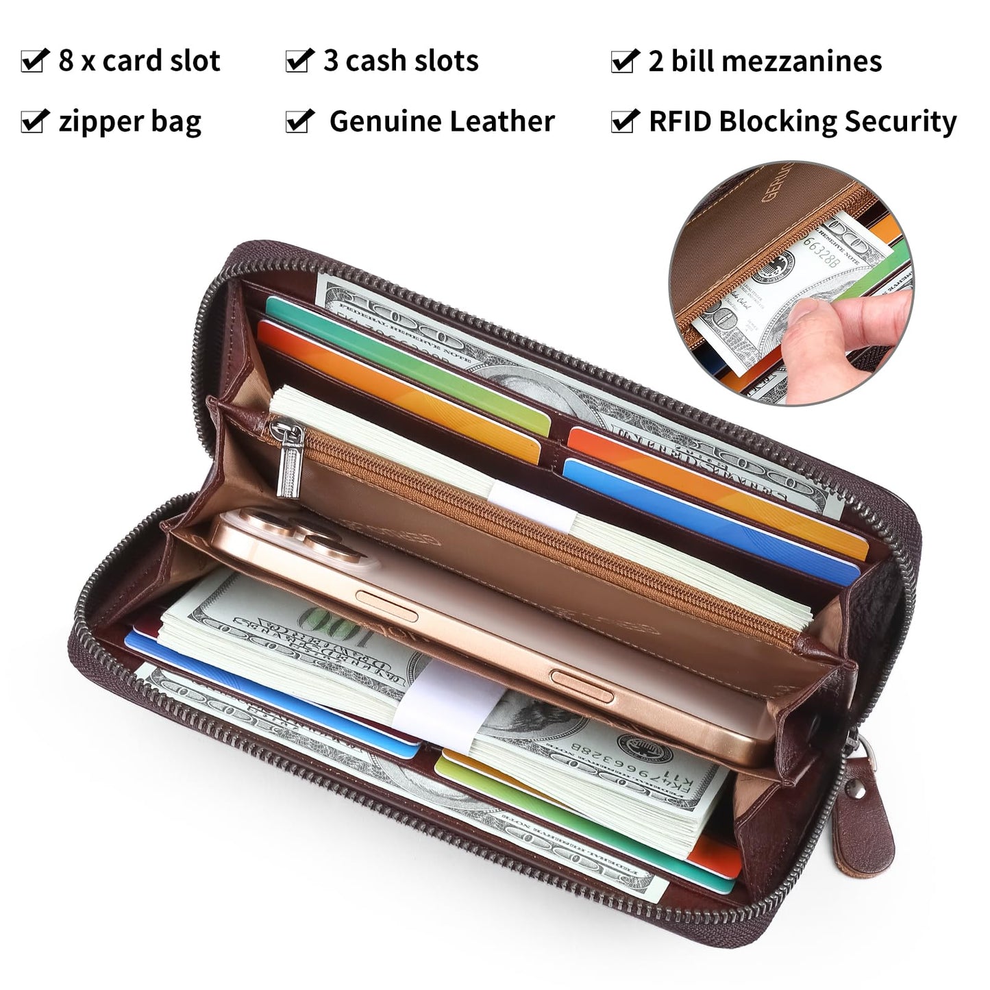 Men's Genuine Leather Zipper Wallet with RFID Blocking, Phone Pocket，Long Zipper Pouch Wallet (Coffee)