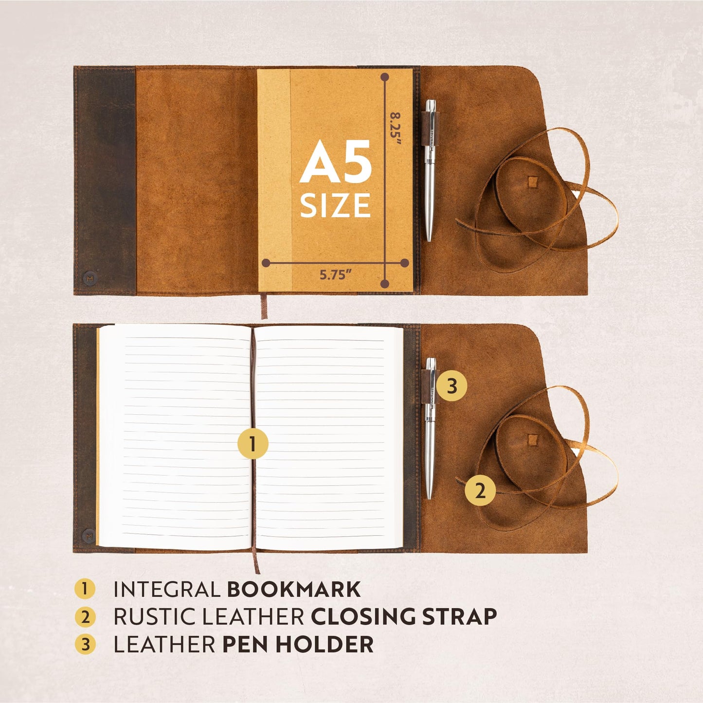 Moonster Leather Journal Refillable Notebook - Writing Journals for Women, Mens Cover with Pen, Bound Lined Paper A5 Travelers Diary, Travel by , Dark Brown