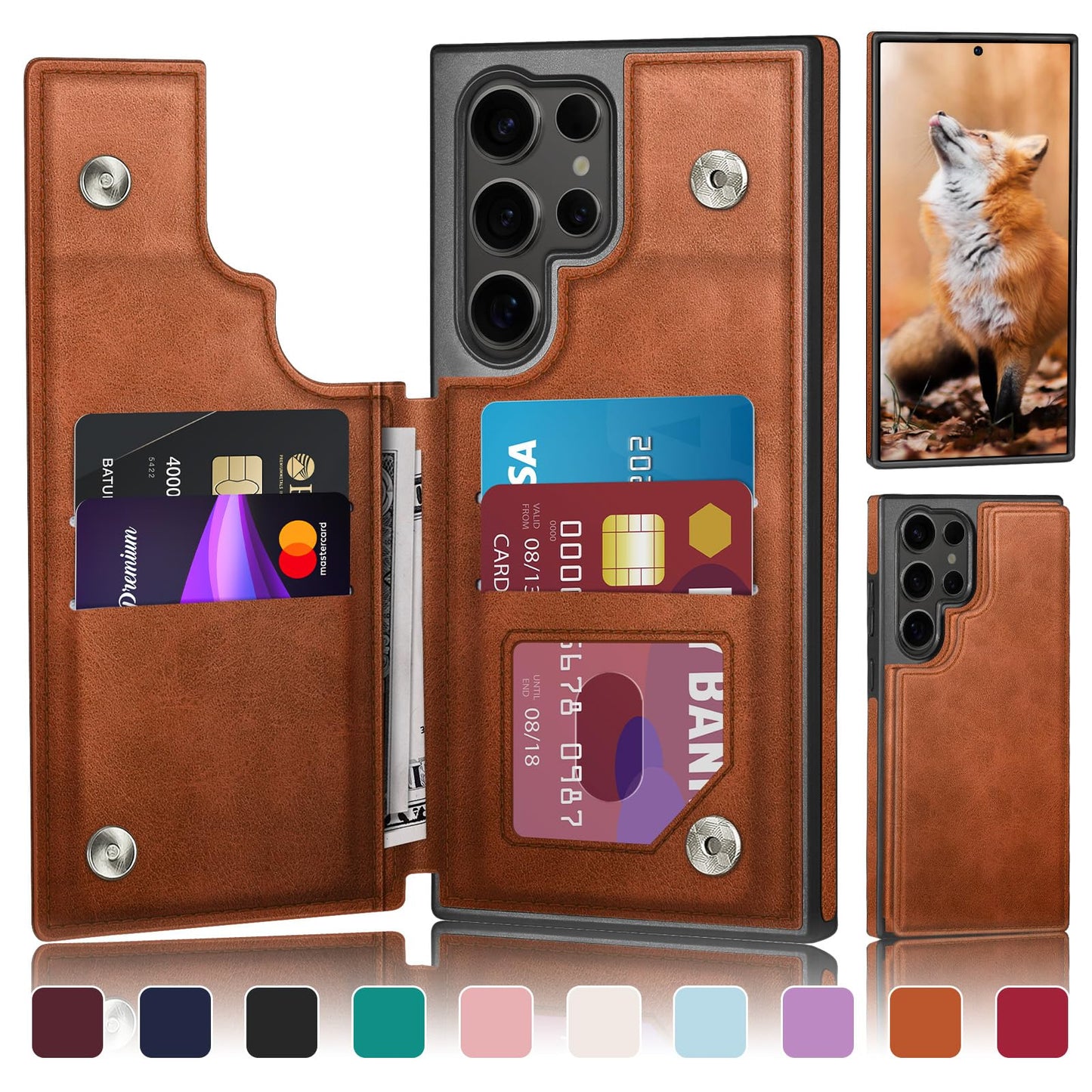 DJDUCK Designed for Samsung Galaxy S24 Ultra Case Wallet with Card Holder, [Magnetic Clasp Cover] [RFID Blocking Leather Protection] Shockproof Women Men Cases for Samsung S24 Ultra Light Brown