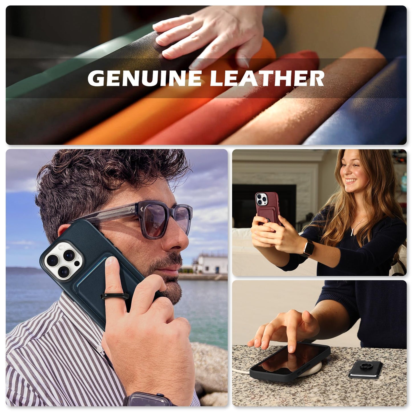 SHIELDON Genuine Leather Case for iPhone 15 Pro Max + Removable Magnetic Card Holder, Magnetic Wireless Charging Non-Slip Stand RFID Blocking Shockproof Compatible with iPhone 15 Pro Max - Wine Red