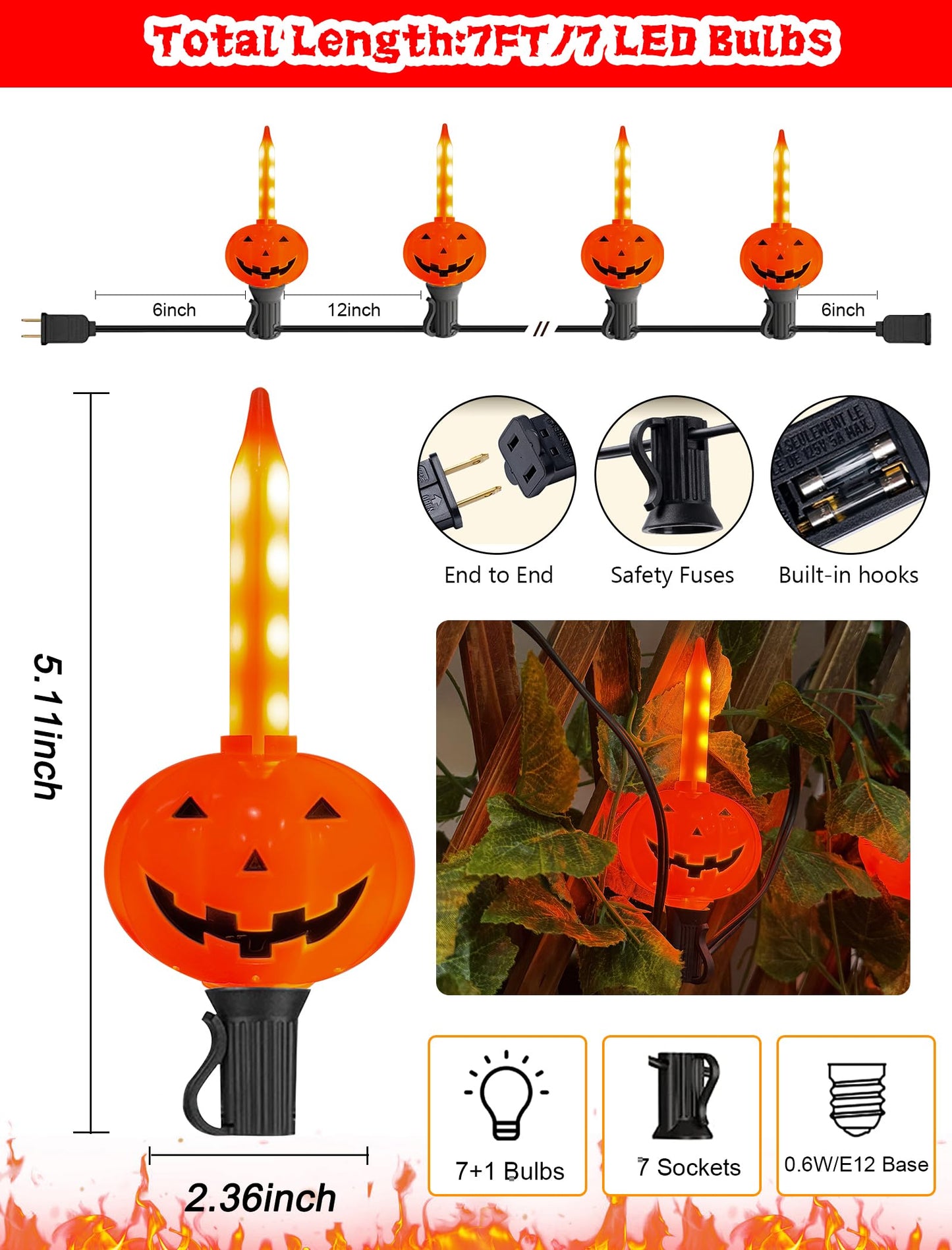 7.5FT Halloween Pumpkin Bubble String Lights Outdoor, 8 LED Jack O' Lantern Bubble Lights, Plug-in Halloween Decorative Lights Waterproof for Yard Porch Garden Pathway Party Christmas Tree Decor