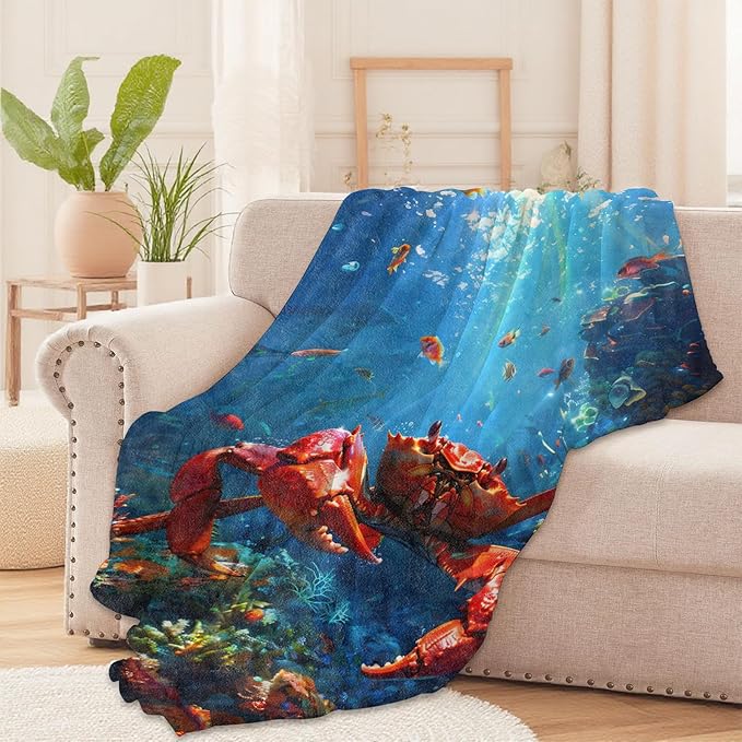 Red Crab and Coral Reef Throw Blanket for Boys Girls Kids Adults Women, Fuzzy Warm Soft Cozy Flannel Blankets Gifts for Bedroom, Couch, Travel, Home Decor 60x80 in
