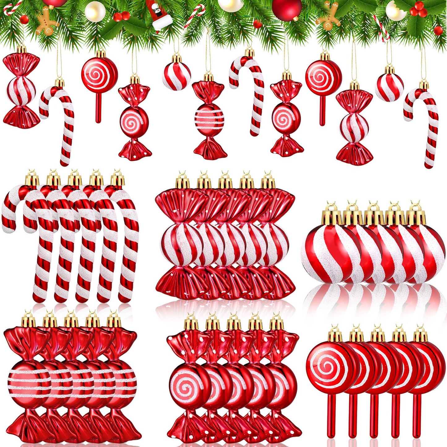 Liliful 30 Pcs Christmas Candy Cane Lollipop Ornaments Set Plastic Holiday Peppermint Candy Home Hanging Ornament Lollipop with Rope for Xmas New Year Party Decor(Red White)