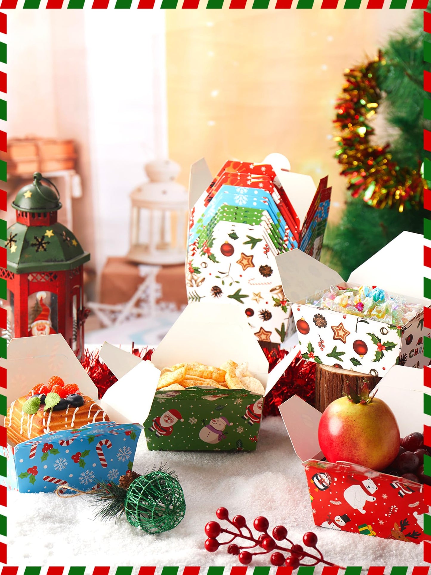 Estune 60 Pack Christmas Take out Food Boxes 2.56'' x 4.65'' x 3.54'' Christmas Disposable Treat Containers Candy Goodie Gift Boxes for Party Favor