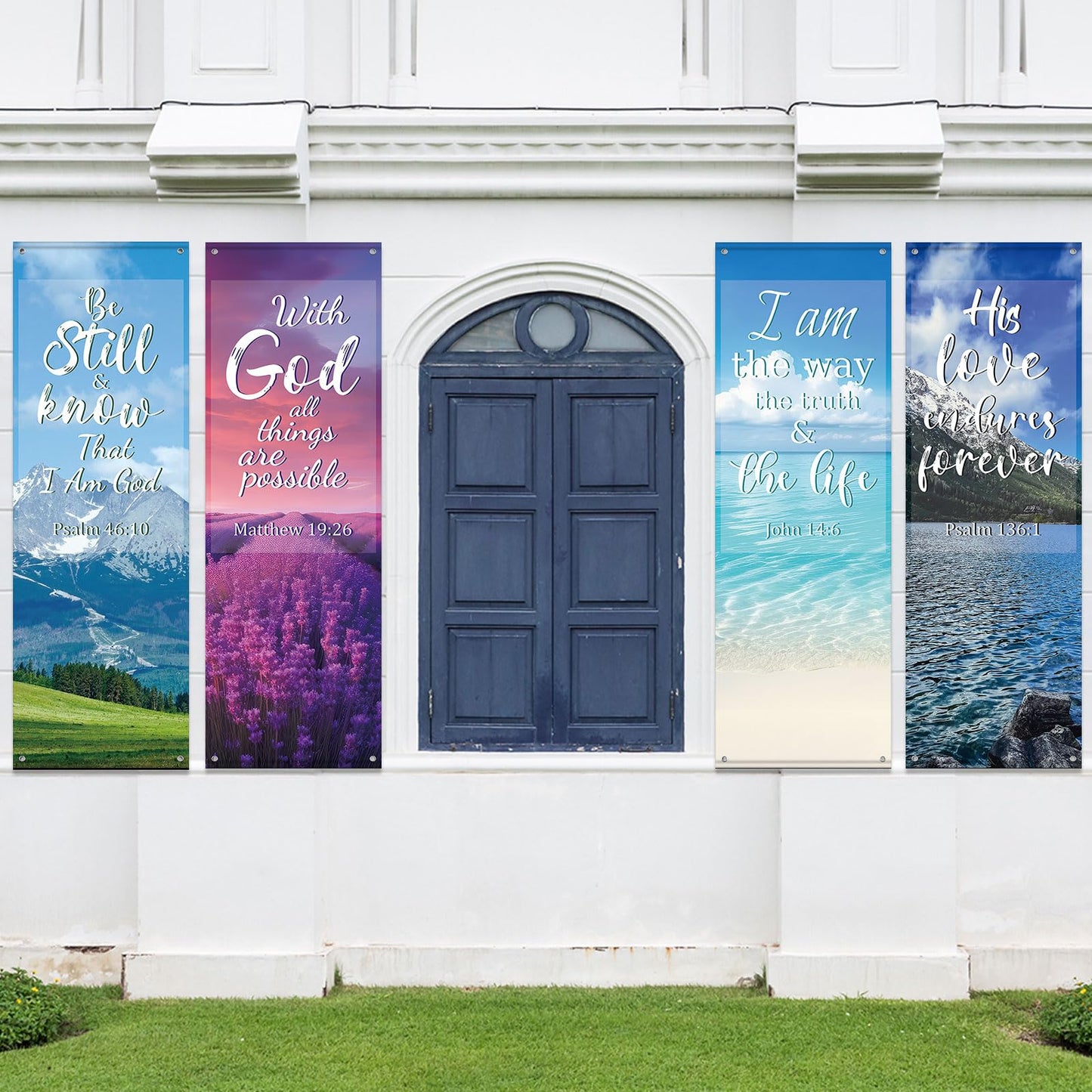 4Pcs Church Banners for Sanctuary Wall Welcome Inspirational Religious Banners Hanging Backdrop Scenic Pattern Church Banner with Scripture Bible Verses Exquisite Banner for Church School Decor