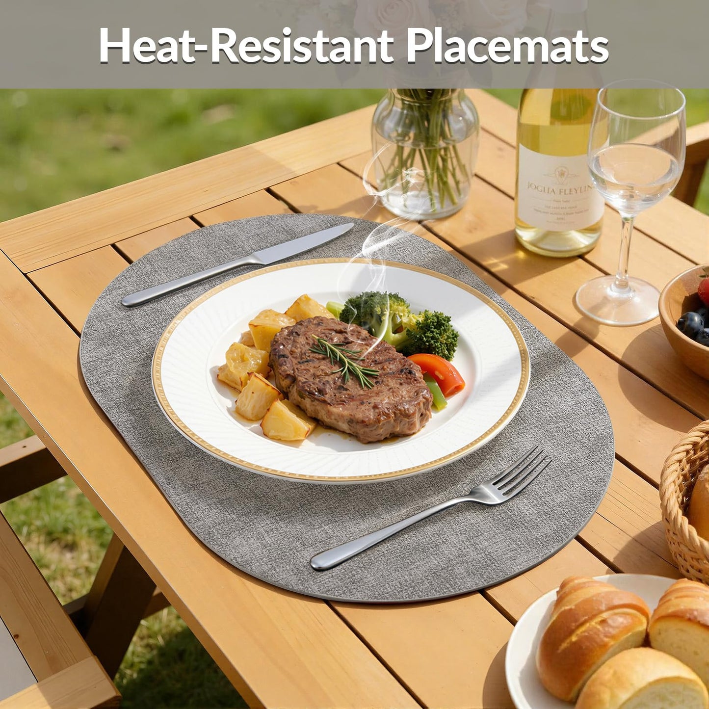 homing Placemats Set of 6, Heat Resistant Oval Faux Leather Place Mats 11.8 x 17 Inch, Waterproof Wipeable Reversible PU Placemat for Kitchen Dining Table, Indoor & Outdoor, Light Grey