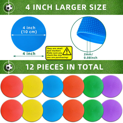 PIKZH Poly Spot Markers 4 inch 12 Pcs Non-Slip Rubber Agility Training Markers Floor Dots Flat Field Cones for Football, Soccer Ball, School Exercise Drills, Gym Dance Practice TPE