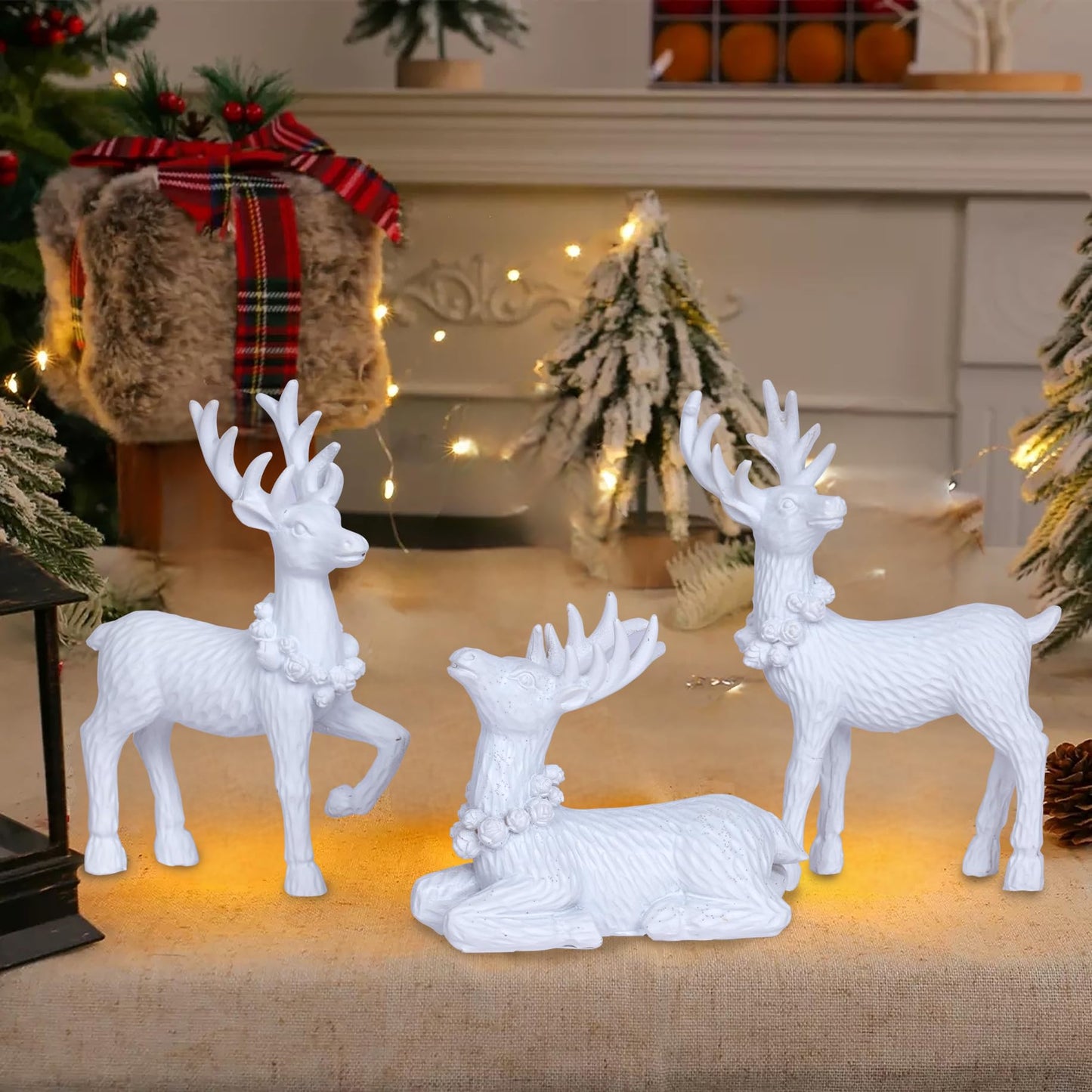 White Christmas Reindeer Decor Set of 3 Resin Standing Deer Figurines Elk Sculpture Christmas Figurine Centerpieces for Home Tabletop Shelf Elegant Xmas Deer Statue Artificial Animal Table Decorations