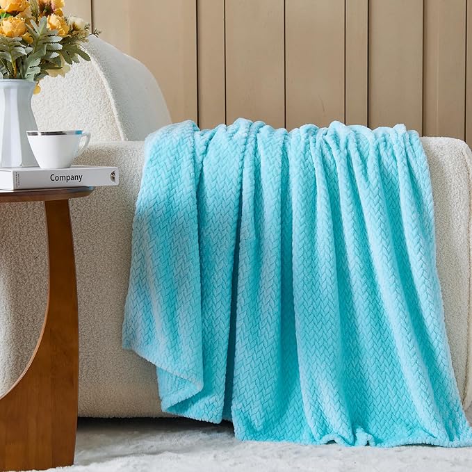 NEWCOSPLAY Super Soft Twin Blanket Turquoise Premium Silky Flannel Fleece Leaves Pattern Lightweight Bed Blanket All Season Use (Turquoise, Twin(60"x80"))