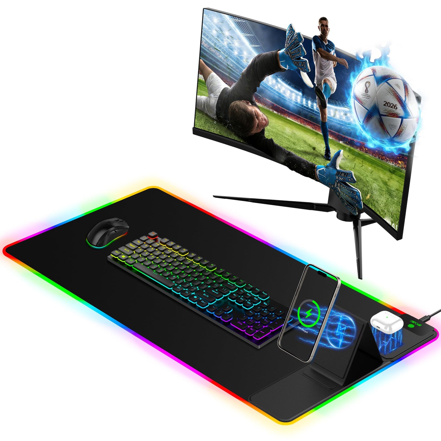 Mouse Pad with Foldable Phone Holder & Wireless Charger, XXL RGB Gaming Mousepad 31.5"x15.8" Large Desk Mat for Keyboard, Black Desk Pad with Dual Qi Charging Station | 11 Colors 5 Modes | Waterproof
