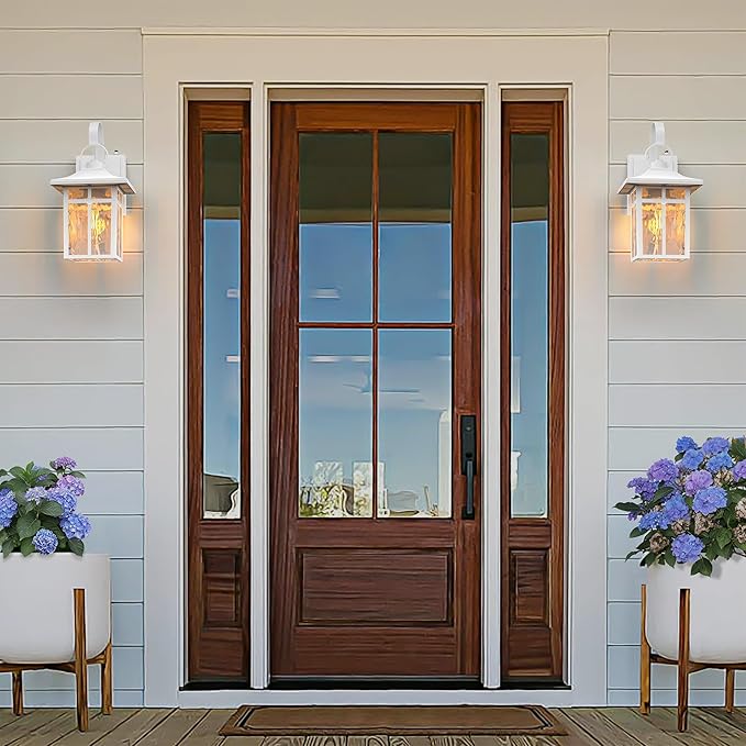 2 Pack Outdoor Dusk to Dawn Wall Lights, Outdoor Light Fixtures Wall Mount with Ripple Glass, Modern White Porch Lights, Aluminum Outoor Sconce Light for Entryway, Garage, Patio