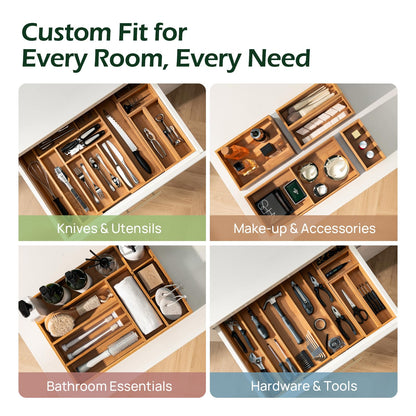 Carbonized Bamboo Kitchen Drawer Organizer, 8 Slots Silverware Organizer, Utensil Holder & Cutlery Tray, 2.2" Deep for Extra Capacity, Non-Slip Feet Included