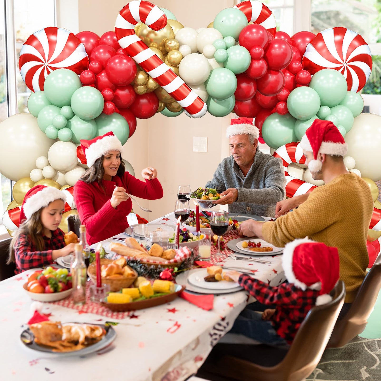 Christmas Balloons Arch Red Green White Gold Balloons Garland with Candy Cane Crutch Foil Balloon Xmas Birthday Party Decorations Lollipop Balloon Metallic Beige Latex Helium New Year Decor Supplies