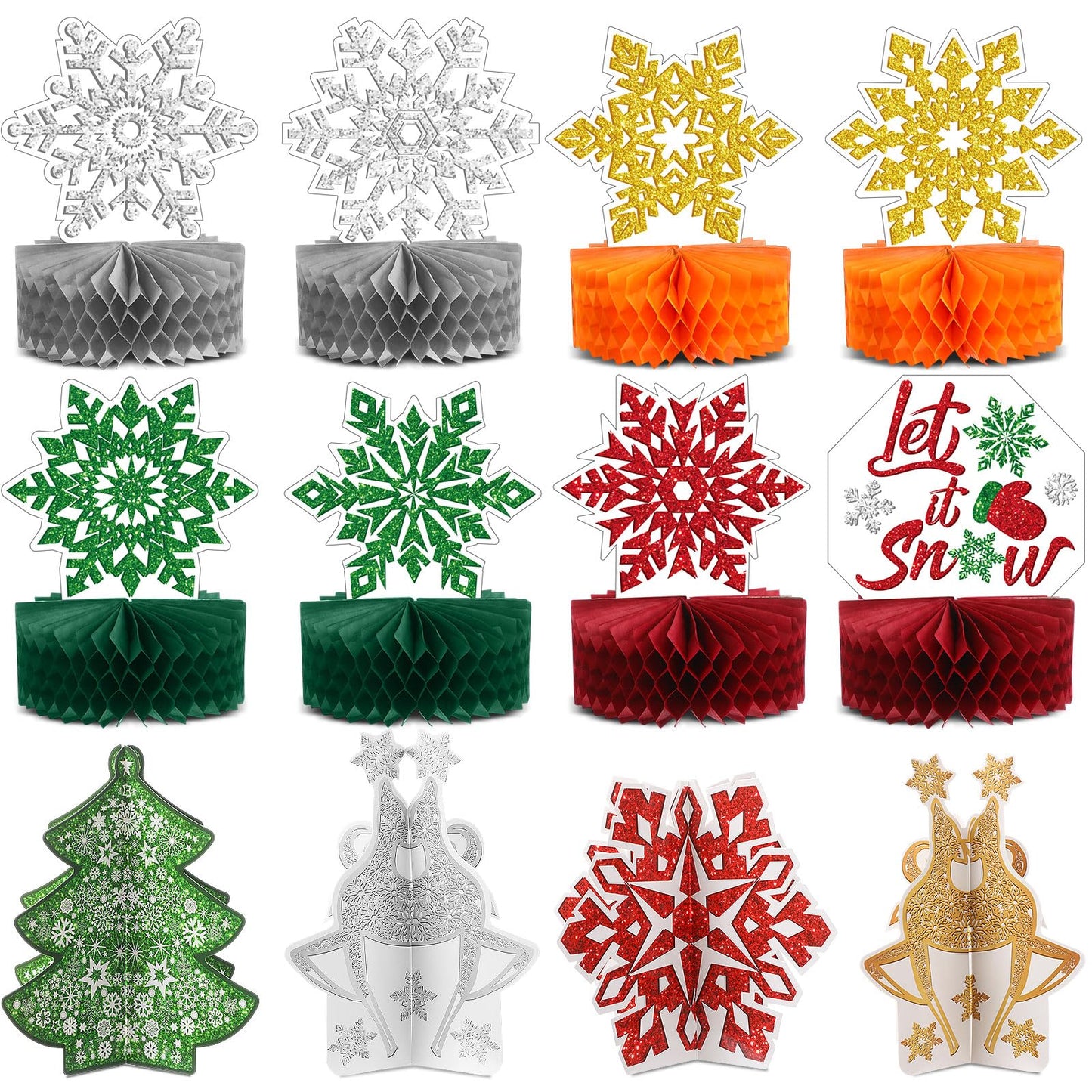 Pajean 12 Pcs Christmas Table Decorations Centerpieces Winter Snowflake Honeycomb Red and Green 3D Xmas Tree Elf Let It Snow Tabletop Sign Gold Sliver Snowflake Wonderland Holiday Party Supplies