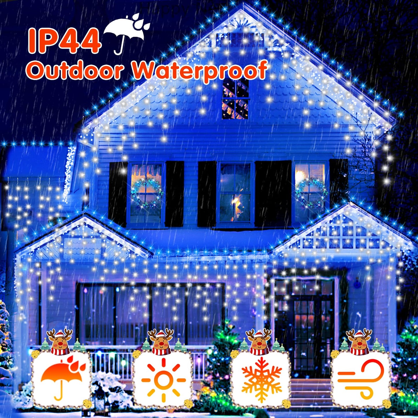 JREWDOIN 33FT Christmas Lights Outdoor, 400 LED Outdoor String Lights Waterproof Plug in with 8 Modes & Timer, Christmas String Lights for Tree Party, Garden, Holiday Decorations（Cool White）
