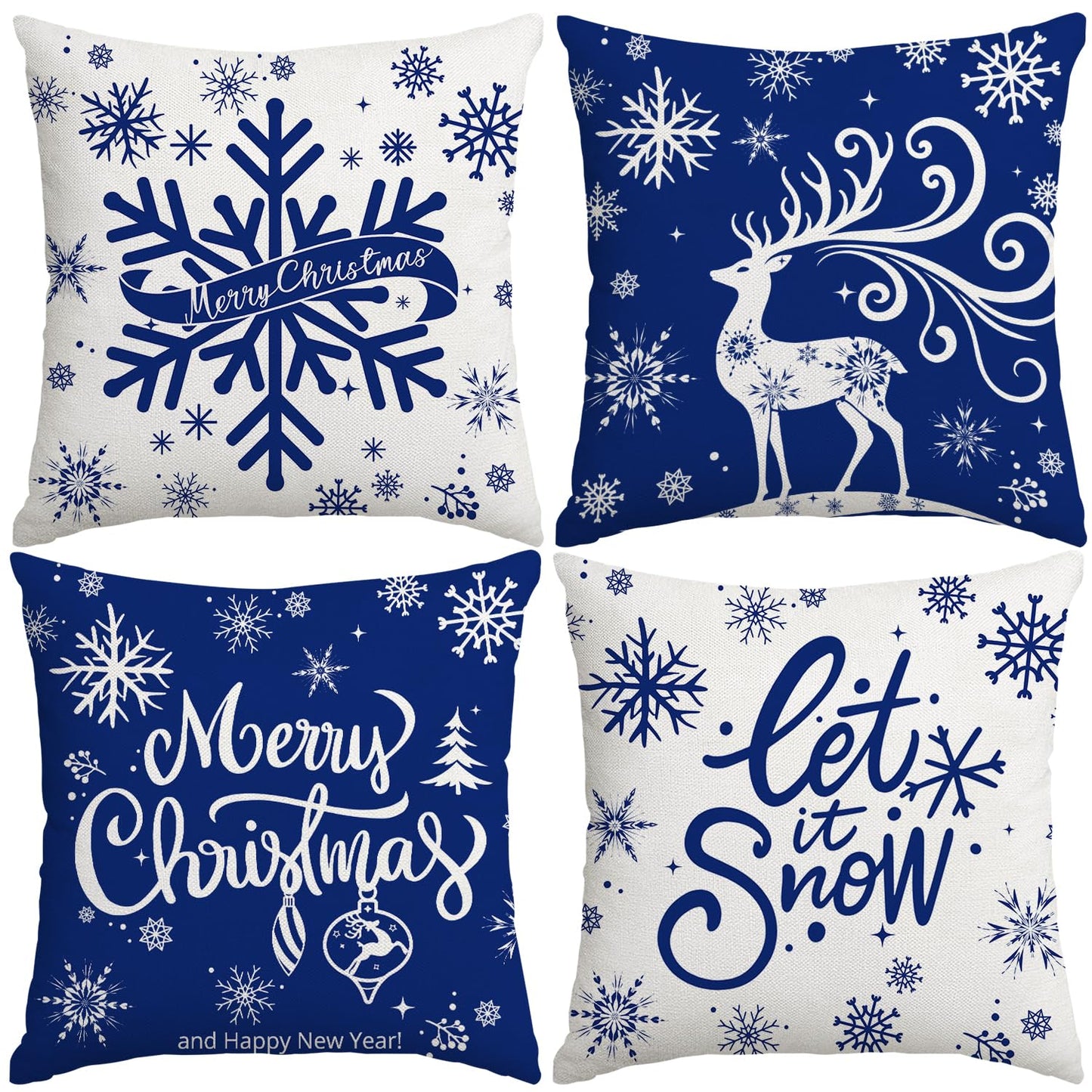 Artmag Merry Christmas Throw Pillow Covers 16x16 inch Snowflakes Let it Snow Moose Winter Holiday Blue Cushion Case for Coach Sofa Decorations Set of 4