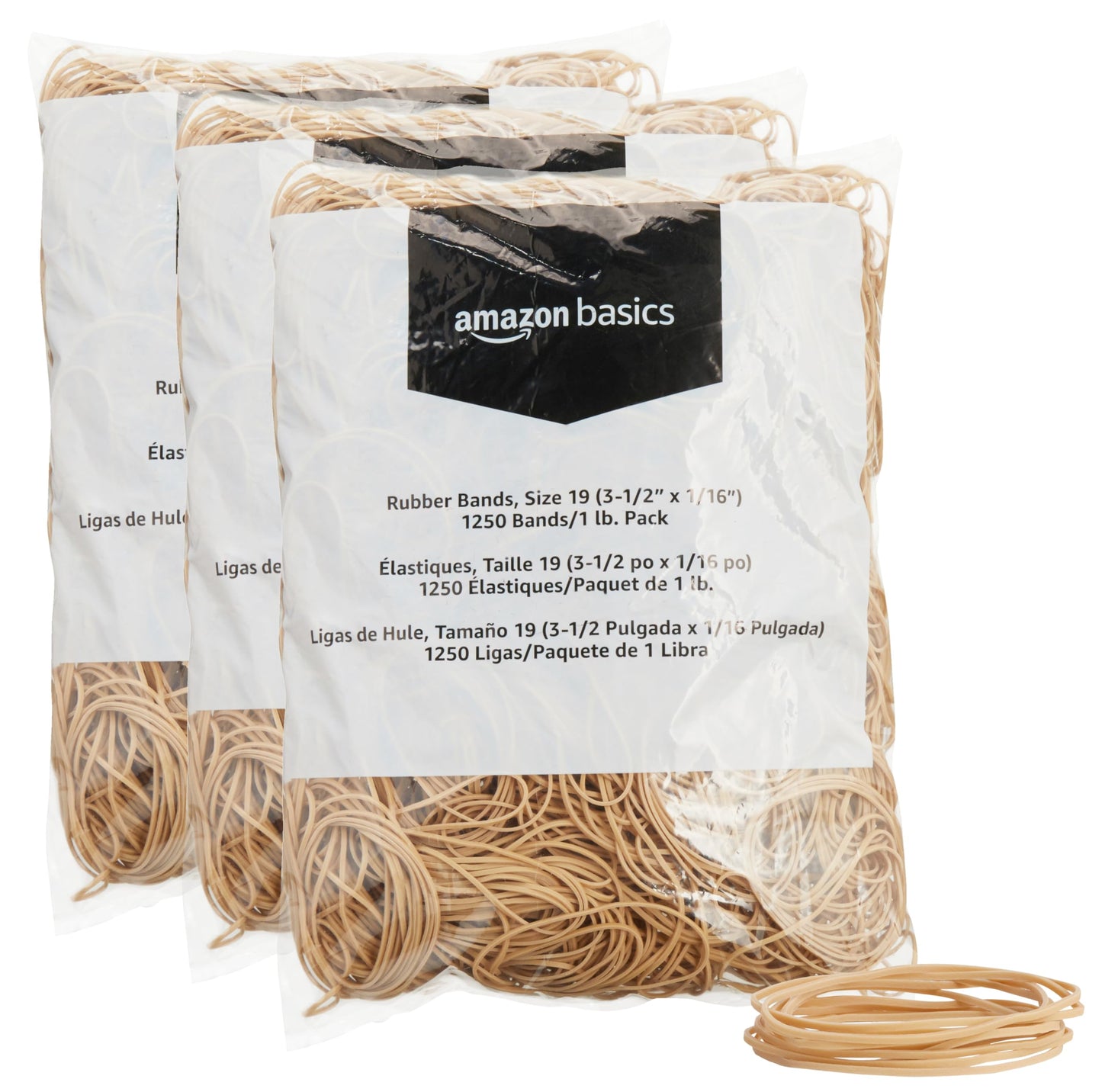 Amazon Basics Rubber Bands, Office Supplies, Size 19 (3-1/2 x 1/16 Inch), Stretchy, 1250 Bands/1 lb. Pack, 3-Pack, Tan