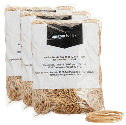 Amazon Basics Rubber Bands, Office Supplies, Size 19 (3-1/2 x 1/16 Inch), Stretchy, 1250 Bands/1 lb. Pack, 3-Pack, Tan