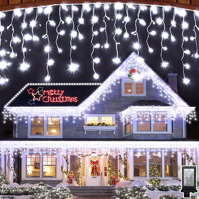 82FT 810 LED Christmas Lights 180 Ice Drops, 12 Lighting Modes and Timer Memory Dimmable, Outdoor Waterproof Hanging Ice String Light for Holiday Wedding Garden Fence House Outside Decor (Cool White)