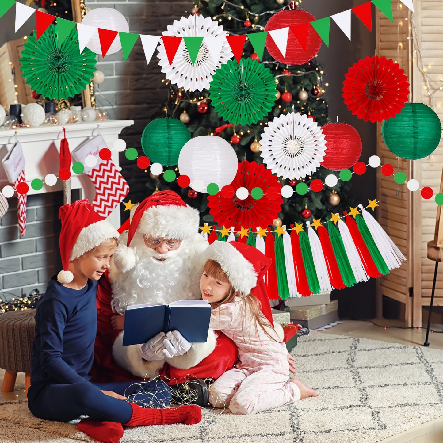 FYSUIMU 18Pcs 3D Christmas Paper Lantemm Decoration Garland Set Red Green White Hanging Buntina Banner paper Fans Tassel for Xmas Holiday Party decor
