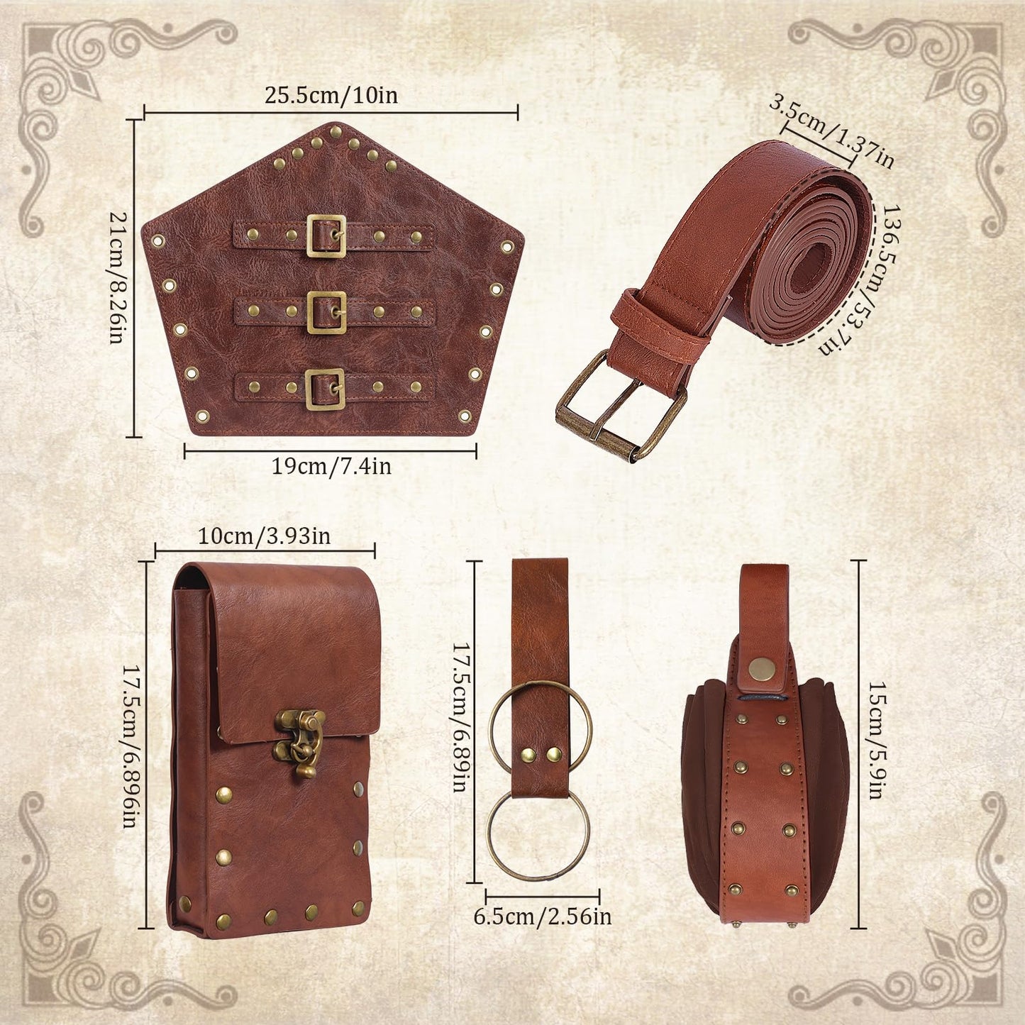 Renaissance Belt Pouch Set with Fanny Pack, Coin Purse, Viking Bracer Hook & Skirt Hike Loop for Faire & Cosplay Belt