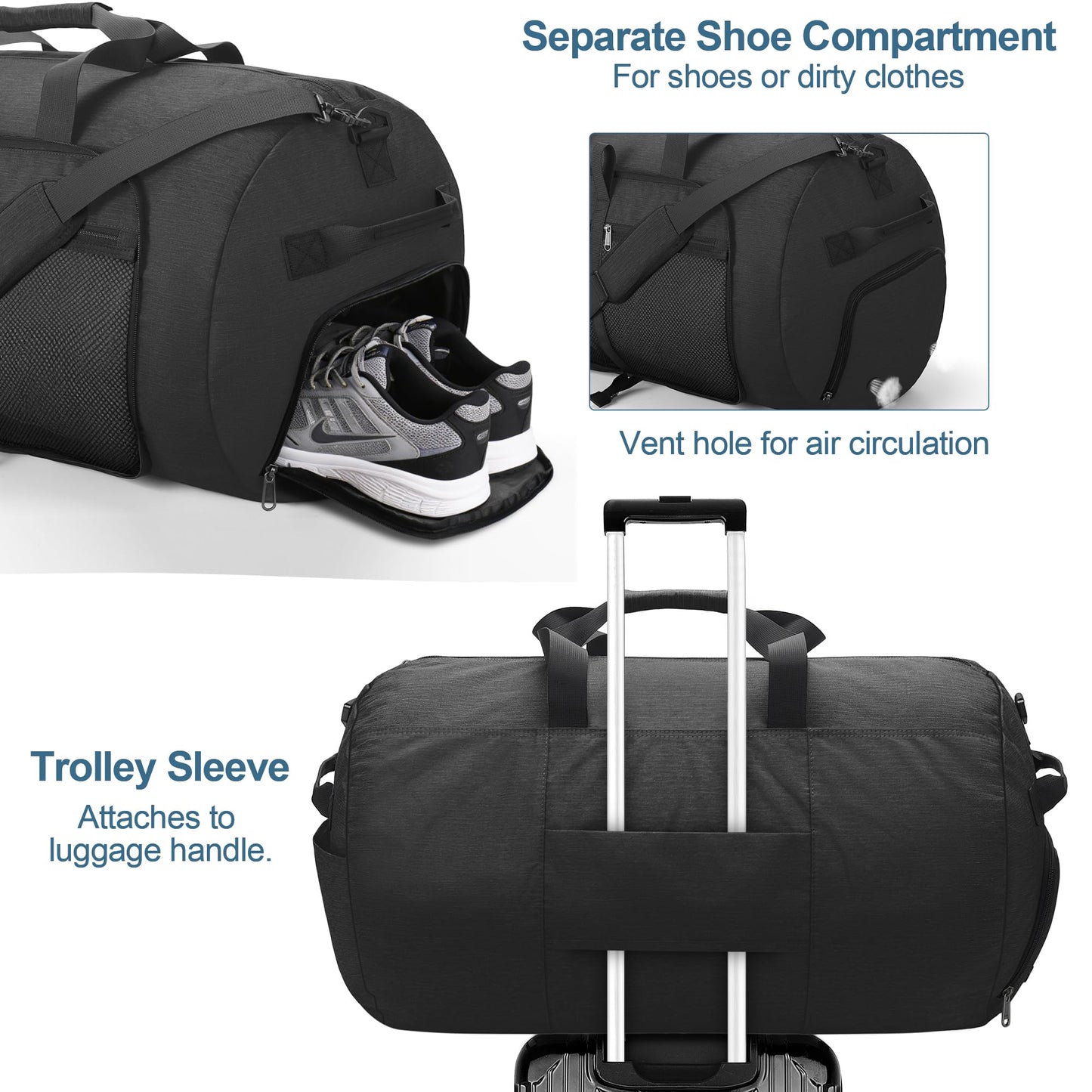 120L Foldable Waterproof Travel Duffel Bag for Men and Women with Shoe Compartment (Black, 120L)