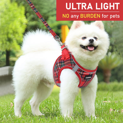 GAMUDA Small Dog Harness Collar and Leash Set, Step in No Chock No Pull Soft Mesh Adjustable Dog Vest Harnesses Plaid Reflective for Dogs Puppy Cats Kitten Rabbit (Red, S)