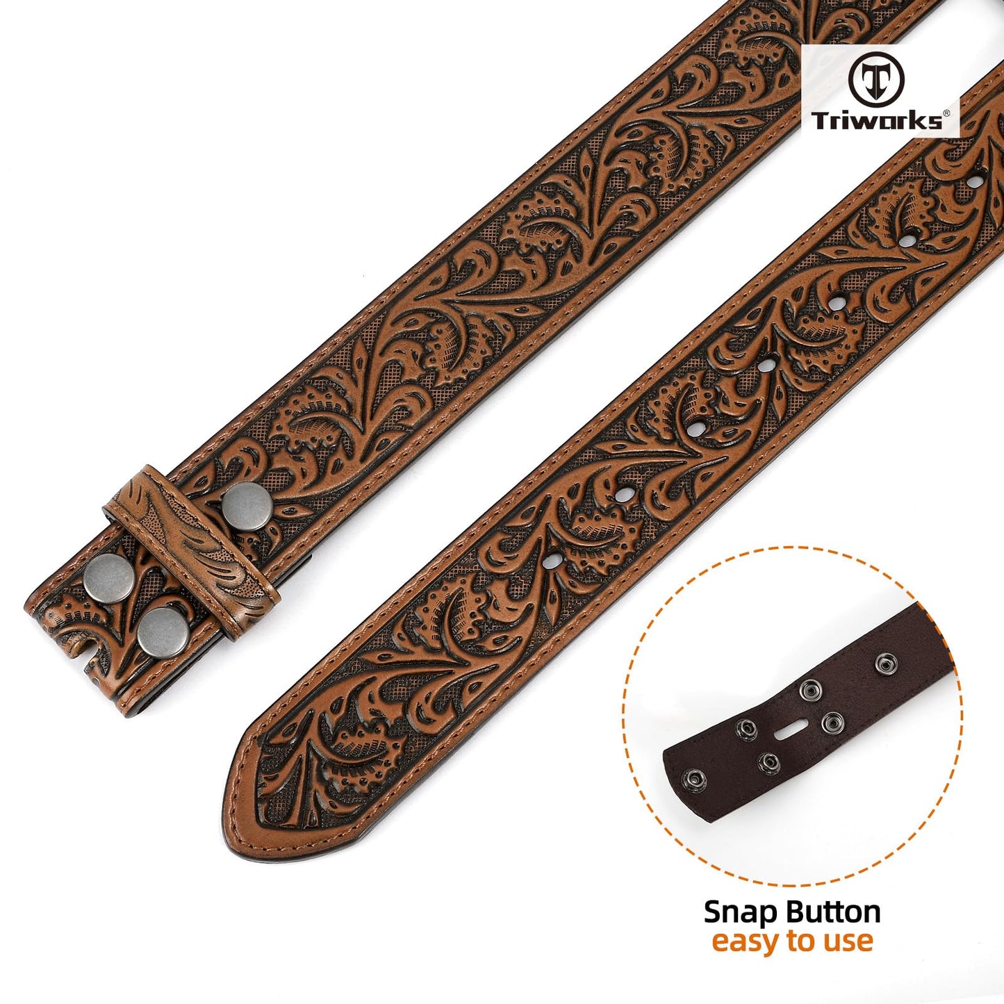 TRIWORKS Western Belt Strap for Men without Buckle 1.5" Wide Floral Engraved Embossed Leather Belt Strap