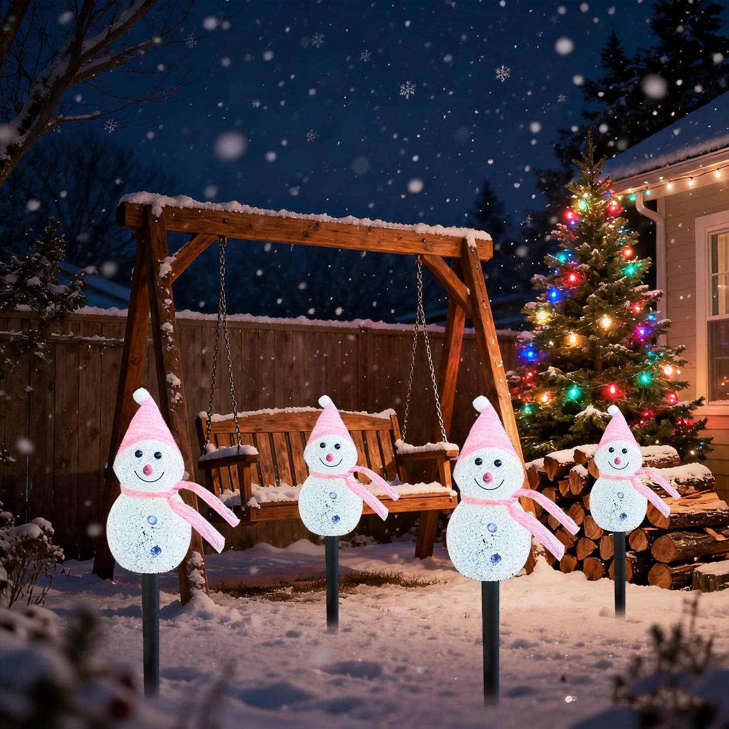 Taoushuleng Christmas Pink Snowman Pathway Lights, Solar Powered Snowman Light with 4 Stakes with 8 Lighting Modes for Pathway, Winter Yard, Garden Decor (Pink Snowman)