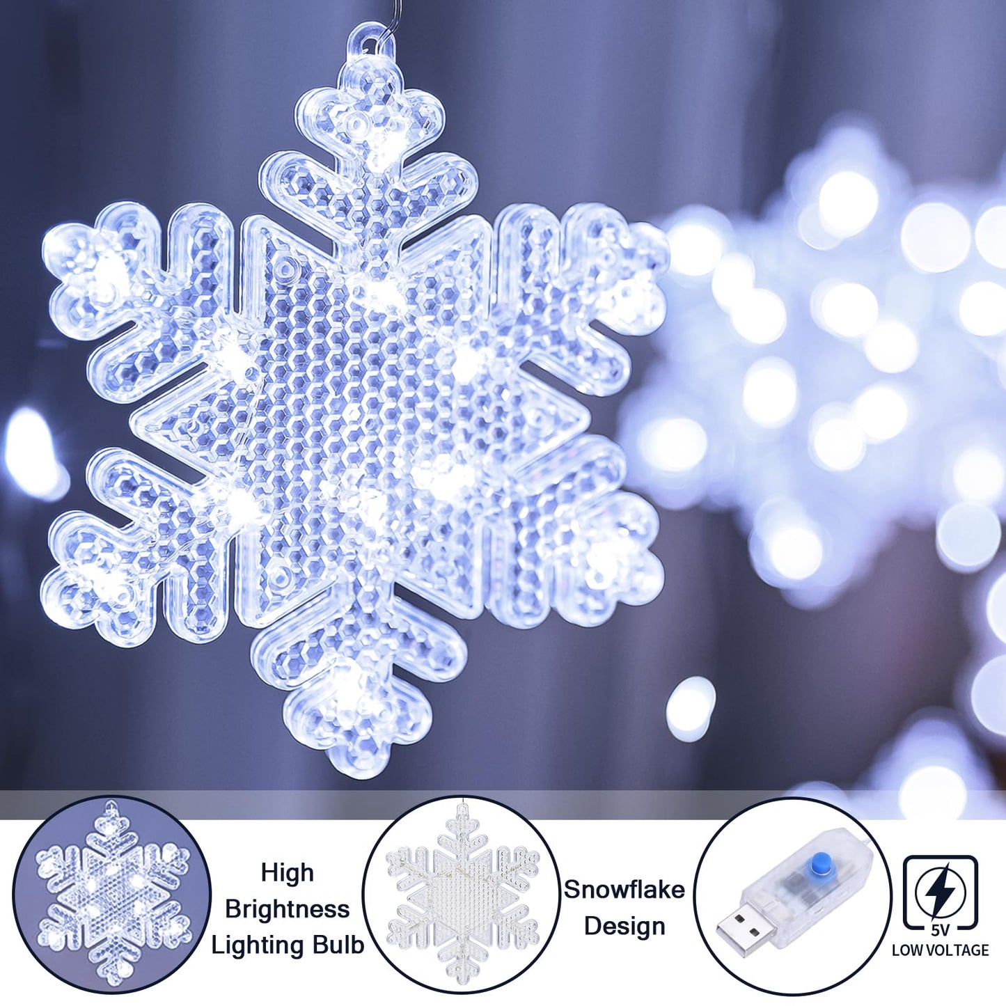 BLOOMWIN Christmas Window Lights Indoor - 2M 160 LED Christmas Window Decorations, Snowflake Curtain Hanging Fairy String Icicle Lights for Xmas Noel Bedroom Holiday Home Outdoor, Cold White USB