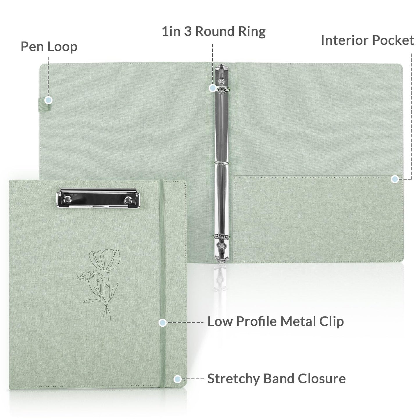 SKYDUE Clipboard Binder with Dividers,1 Inch Linen 3 Ring Binder with Clipboard on Front for Organizer, Clipboard Folder with Pocket, Labels Office Supplies OliveGreen