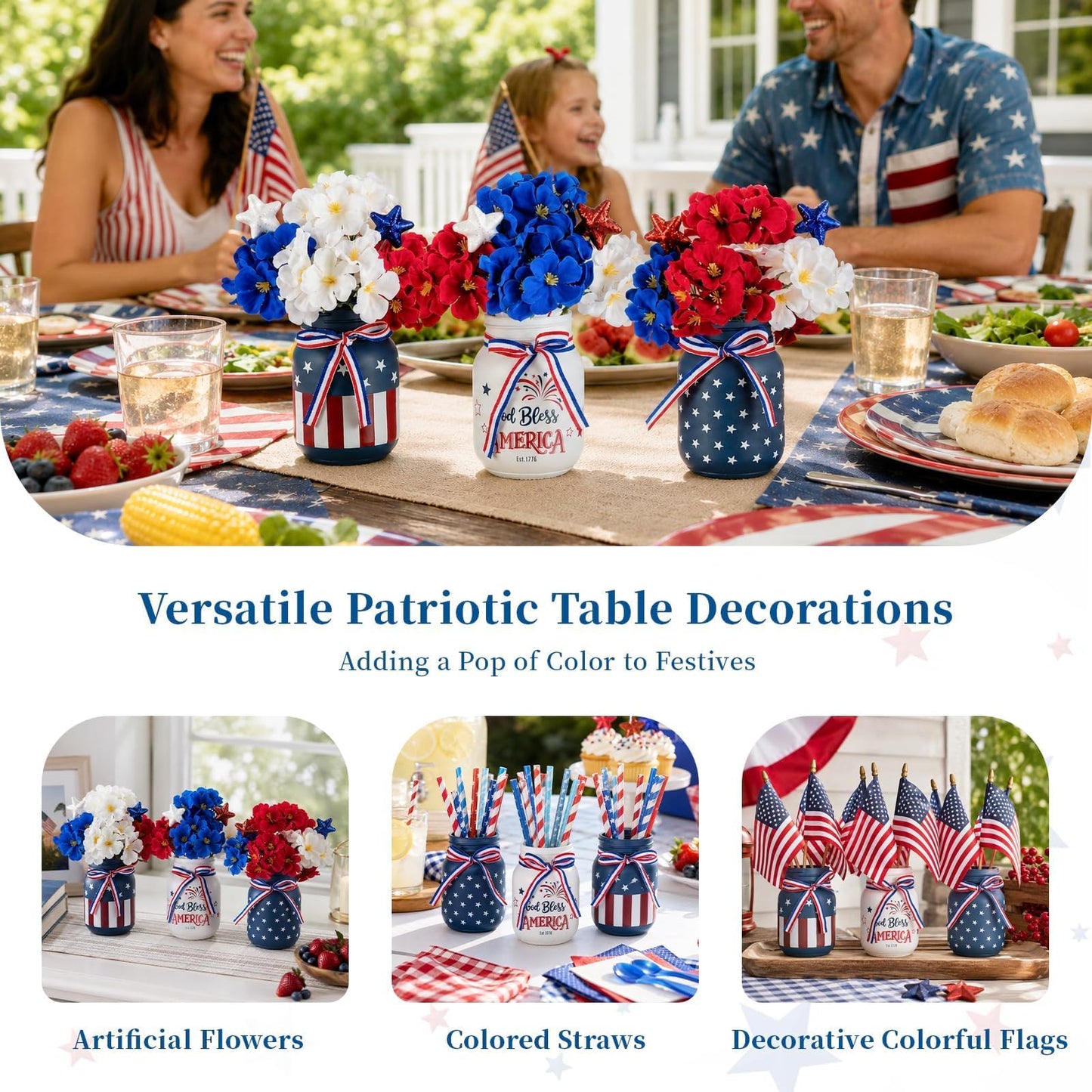 Glasseam 4th of July Vase Set: 3Pcs Patriotic Glass Mason Jars with Red White and Blue Artificial Geranium Star Ribbons - Independence Day USA 250 Anniversary Memorial Table Centerpiece Home Decor