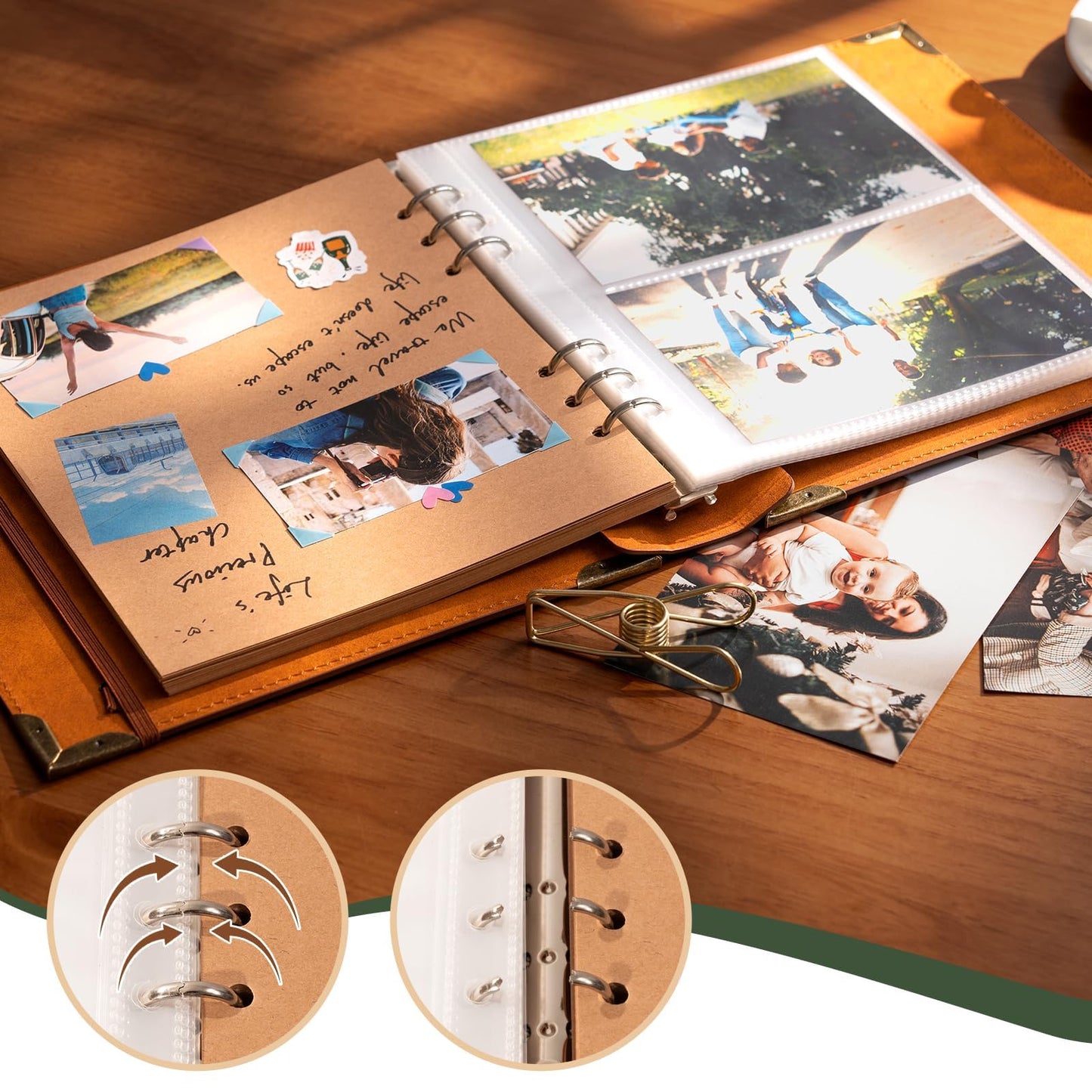 Vintage Photo Album 4x6 Leather Scrapbook Album with Writing Space 120 Photos & 30 Sheets DIY Paper Memory Albums Book for Anniversary Travel Vacation Family Tree, Green