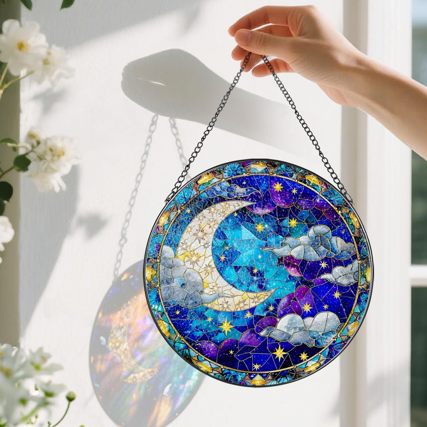 8-Inch Moon and Star Stained Glass Ornament, Stained Glass Window Hanging, Window Hanging Decor Suncatcher, Night Sky Ornament | Holiday, Mother’s Day, Housewarming | Gifts for Friend & Family