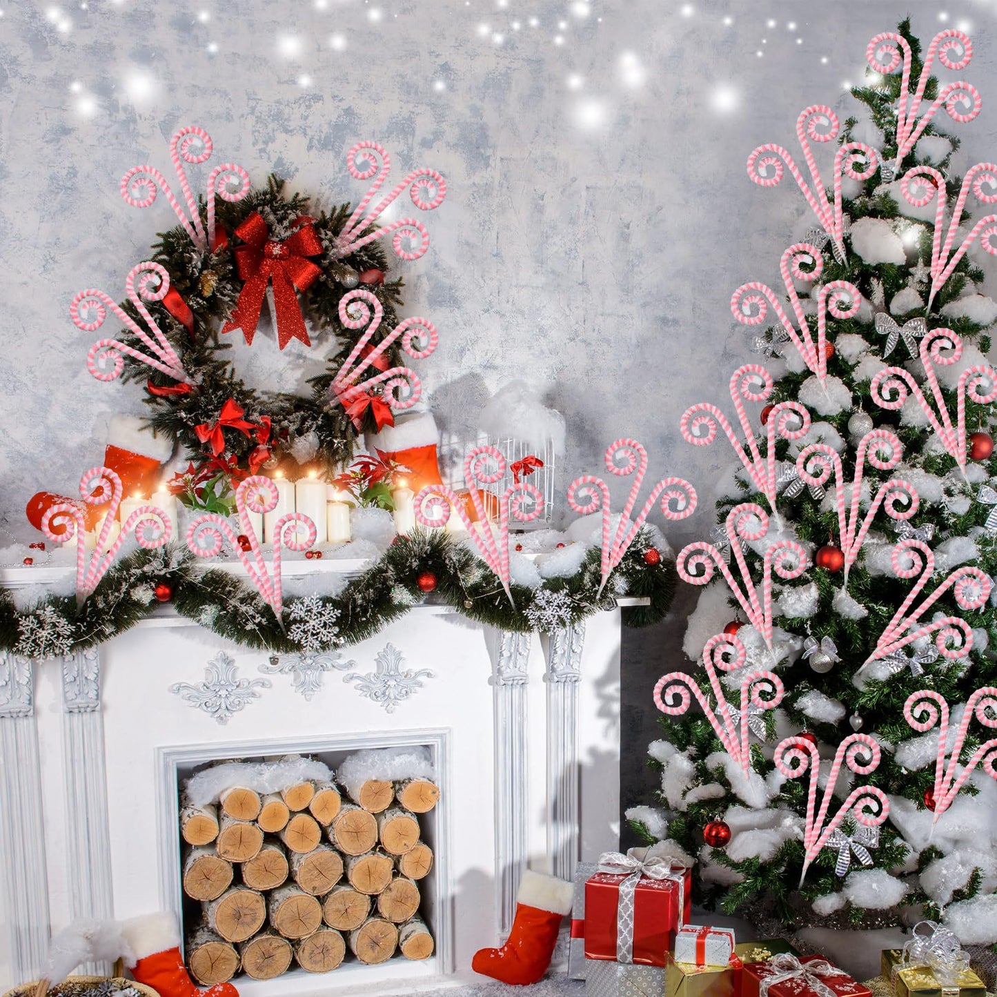 Wettarn 12 Pcs Christmas Tree Decorations Picks White Pink Woolen Candy Curly Picks for Christmas Tree Topper Ornaments with Fixed Wire Felt Striped Xmas Decoration DIY Craft for Party Decorations