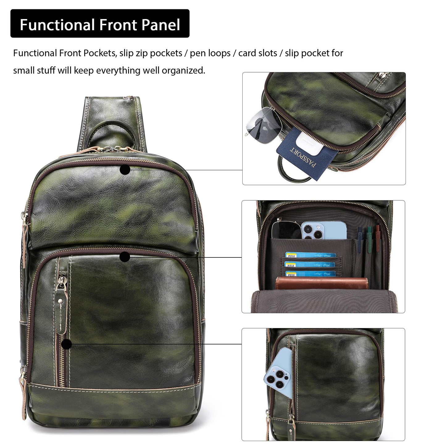 LANNSYNE Vegetable Tanned Leather Sling Bag For Men, Crossbody Chest Daypack fits 12.9" iPad