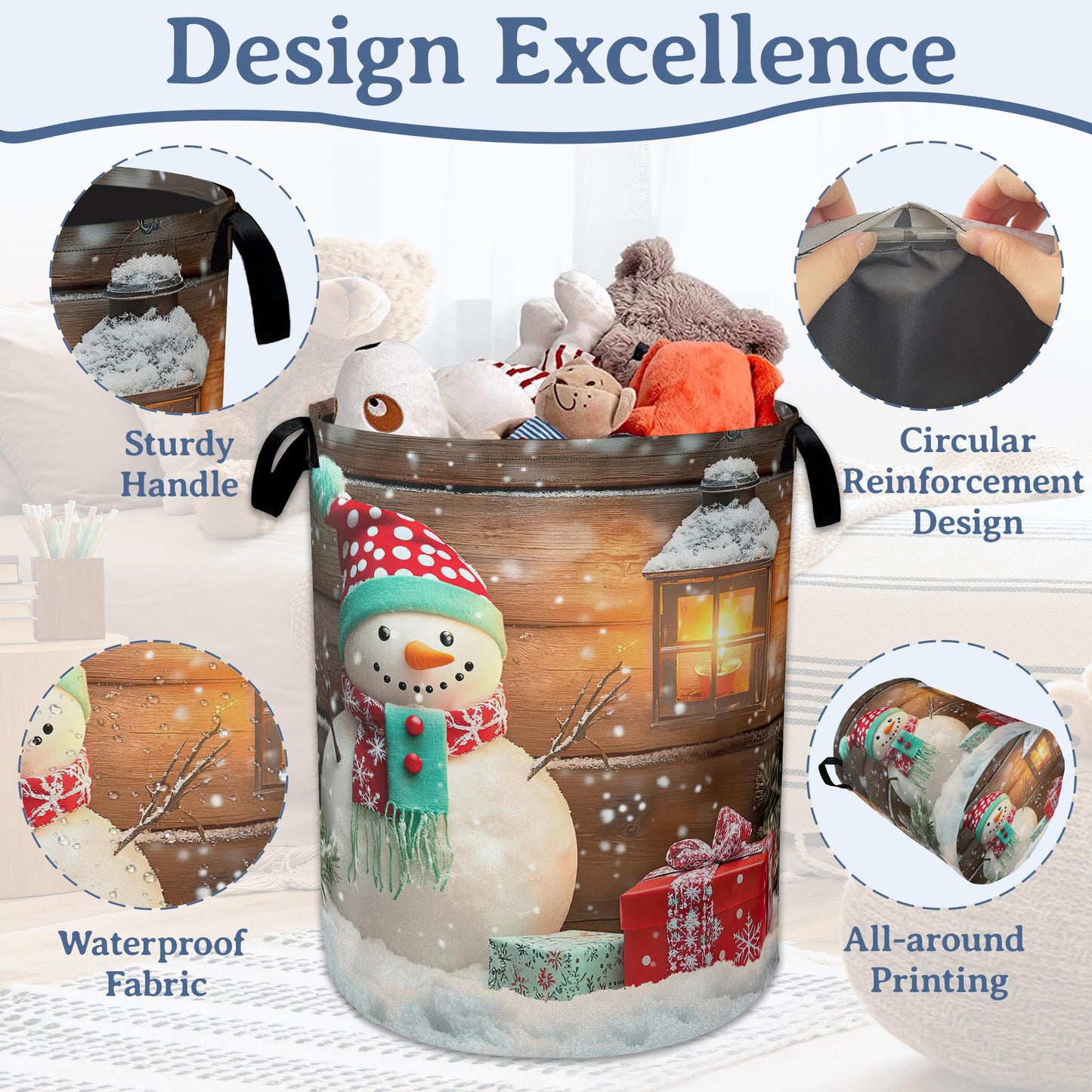 Christmas Laundry Basket,Oxford Cloth Snowman Laundry Hamper With Handle Foldable Portable Clothes Storage Basket for Laundry Room/Bedroom/Bathroom 20.8"x16"