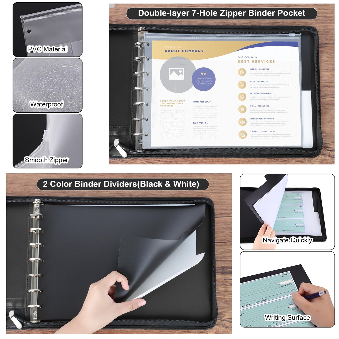 Antner Zippered 7 Ring Business Checkbook Binder Portfolio for 3-on-a-Page Business Checks, 600 Checks Capacity, PU Leather Check Book Binder Cover with Zipper Pouch & Dividers for 9x13 Sheets, Black