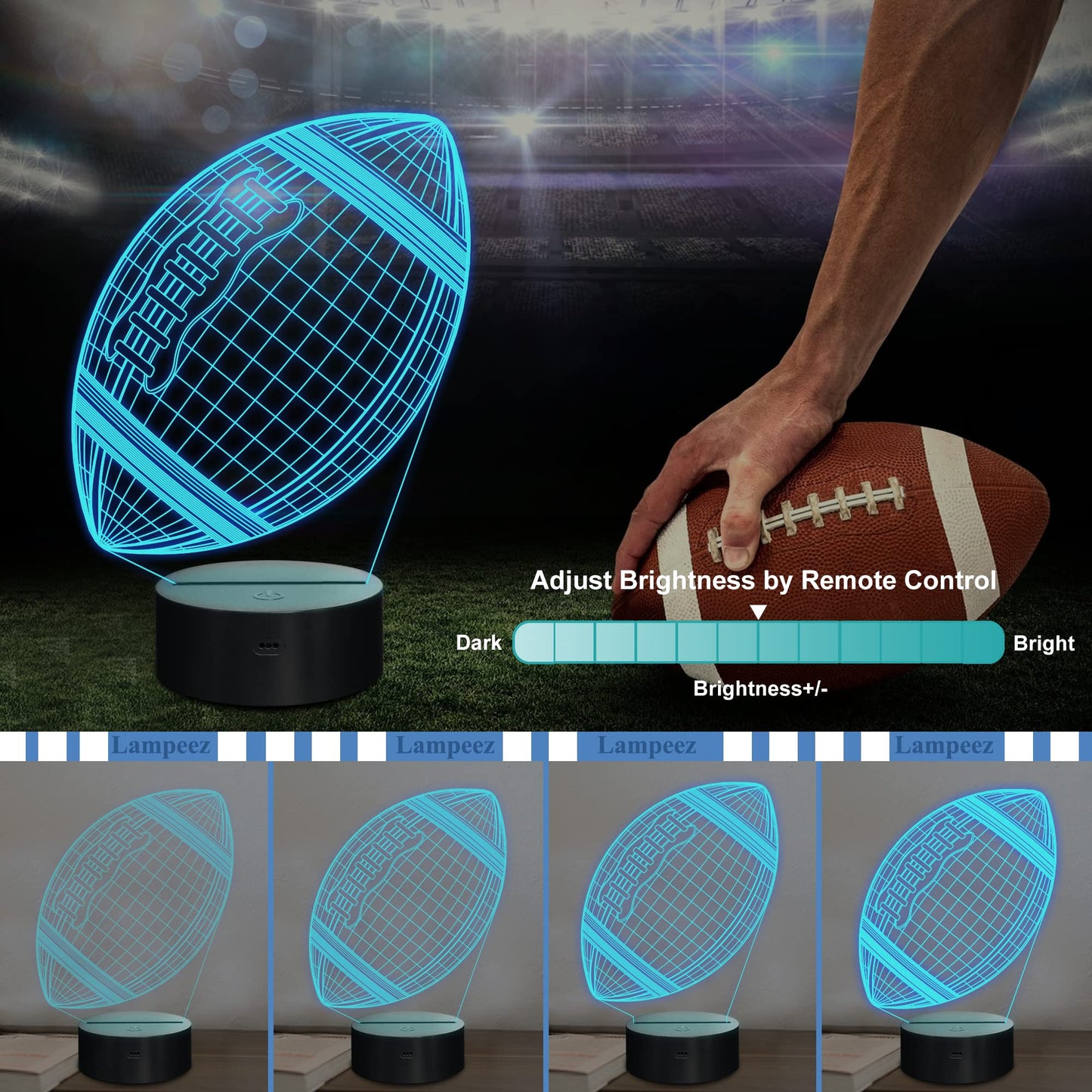 Lampeez Football Gifts Night Light, Kids 3D American Football Night Light Optical Illusion Rugby Lamp with 16 Colors Changing Remote Birthday Xmas Valentine Gift Idea for Sport Fan Boys Girls